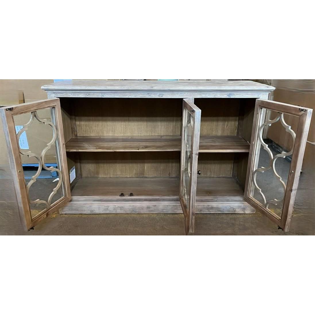 REINA GREYWASHED RECYCLED TIMBER/GLASS 3-DOOR BUFFET/SIDEBOARD