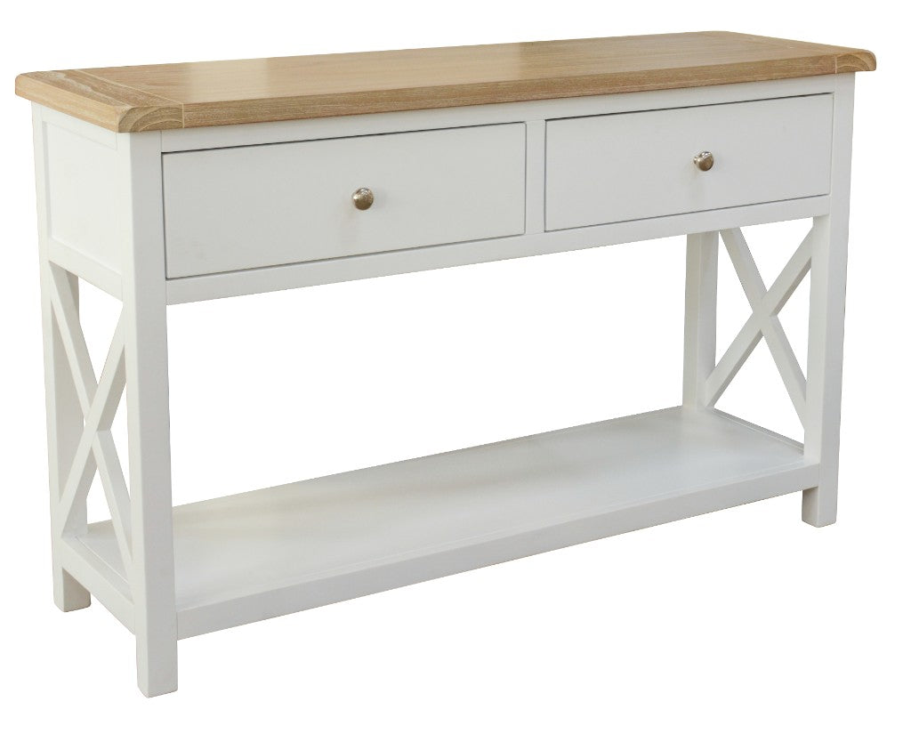 CHRISTA HAMPTON SOLID ACACIA 2-DRAWER CONSOLE TABLE HALL TABLE LIGHT OAK/WHITE