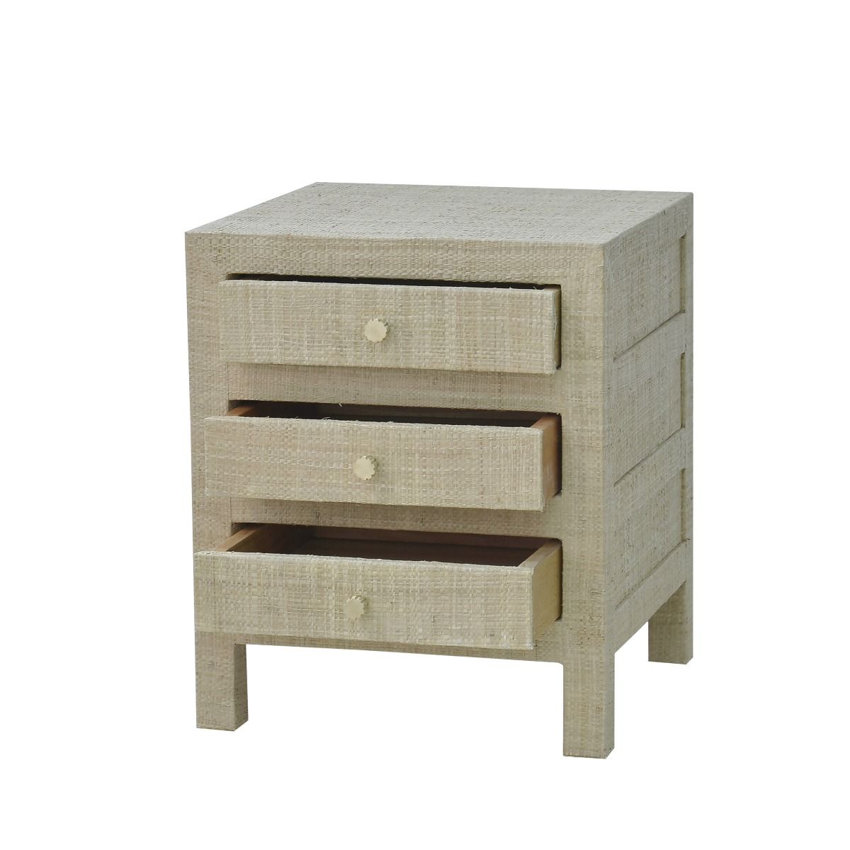 SWANN MAHOGANY FRAME RAFFIA 3 DRAWER BEDSIDE TABLE NIGHTSTAND END TABLE