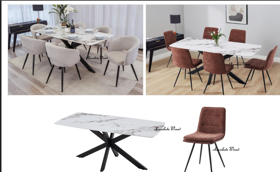 DAKOTAH 7PCE PIECE DINING SET: 1 MARBLE LOOK DINING TABLE 179CM & 6 DAKOTAH RUST DINING CHAIRS