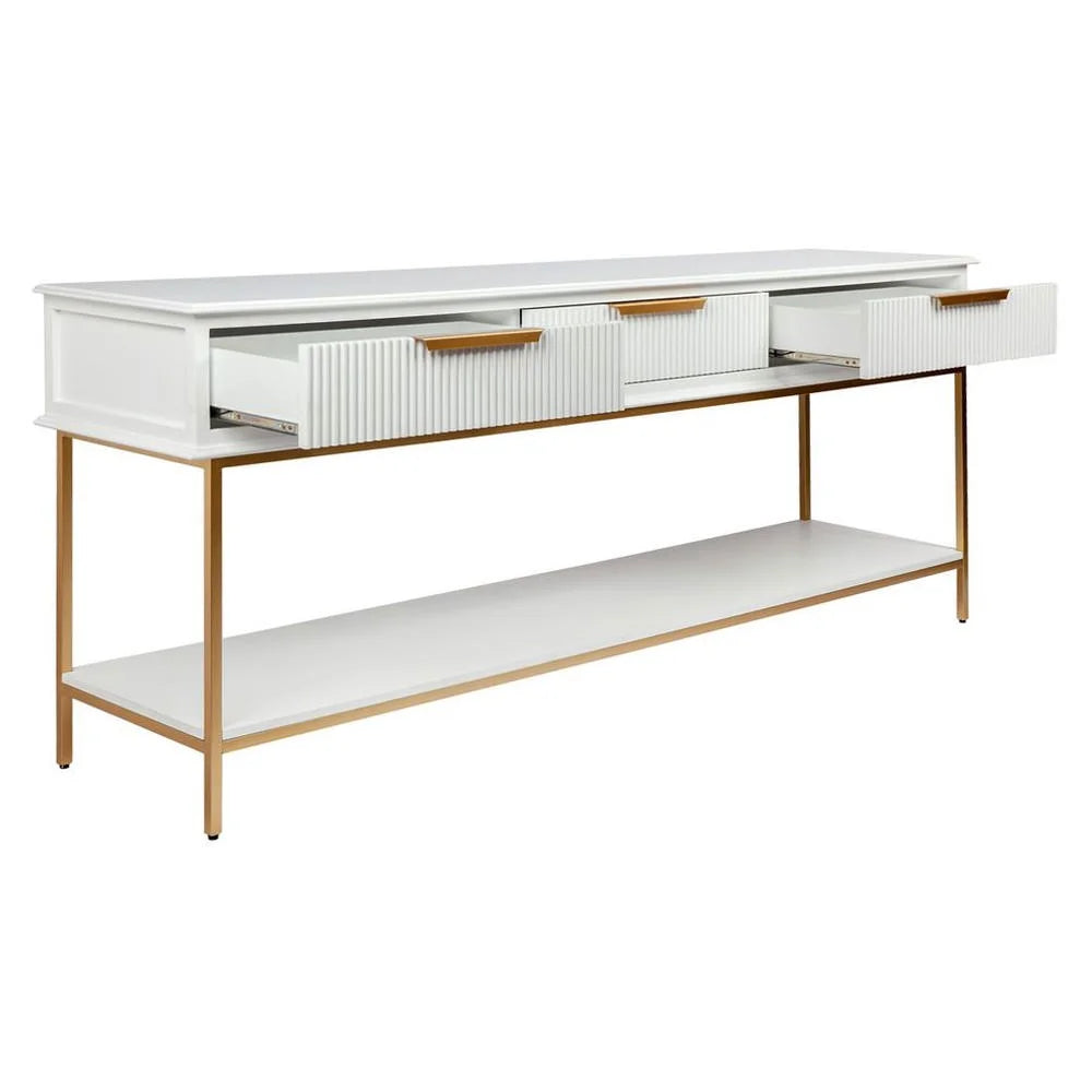 MORETTI 3-DRAWER CONSOLE TABLE/HALL TABLE SATIN WHITE  & GOLD LARGE