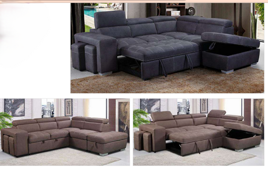 ALBRET FABRIC 2-SEATER SOFA BED + 2 OTTOMANS W/RHF MUSHROOM