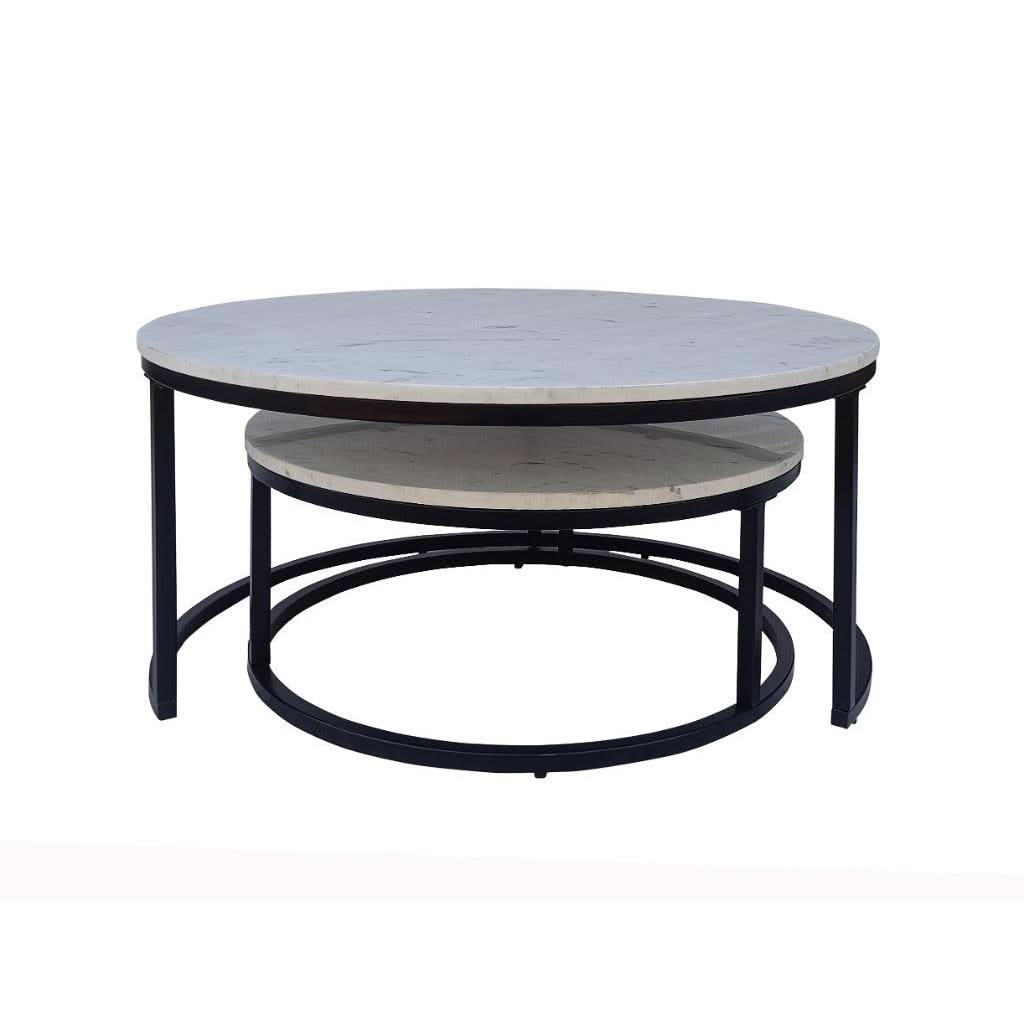PEARSE SET OF 2 COFFEE TABLES WHITE MARBLE TOP/BLACK METAL LEGS