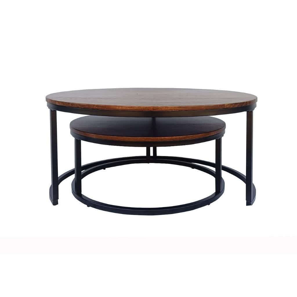 CABOT SET OF 2 COFFEE TABLES  MANGO WOOD WALNUT COLOURED TOPS WITH BLACK METAL LEGS