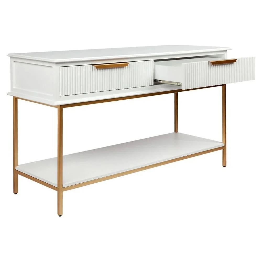 MORETTI 2-DRAWER CONSOLE TABLE/HALL TABLE SATIN WHITE  & GOLD SMALL