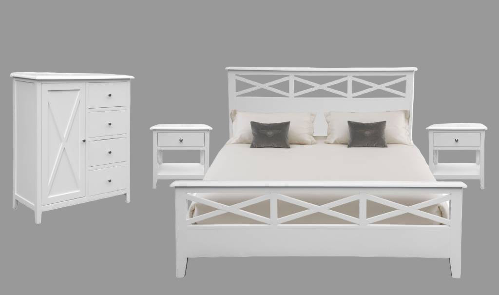 LUGANO HAMPTONS STYLE ACACIA 4 PIECE BEDROOM SUITE: 1 QUEEN BED 1 TALLBOY  2 BEDSIDE TABLES
