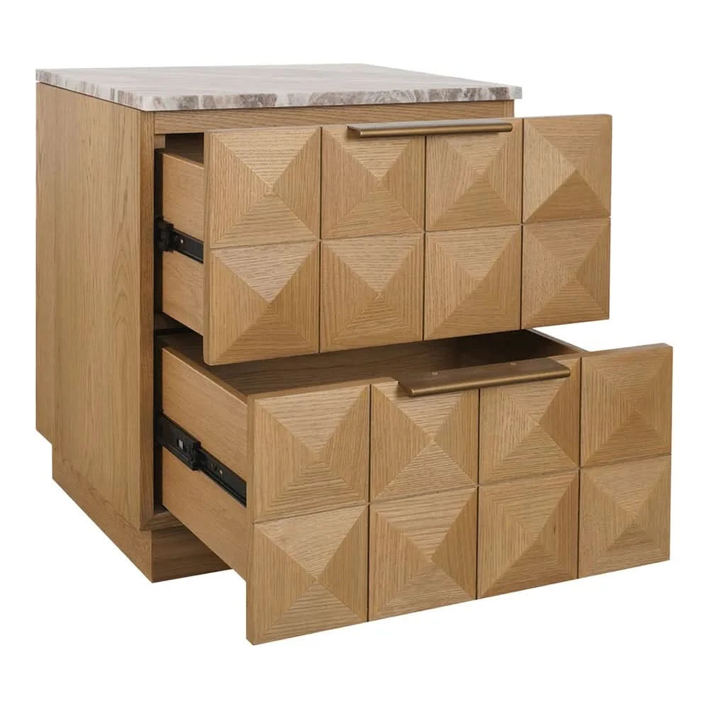 HAMPSHIRE RIVER BROWN MARBLE  NATURAL OAK 2-DRAWER BEDSIDE TABLE