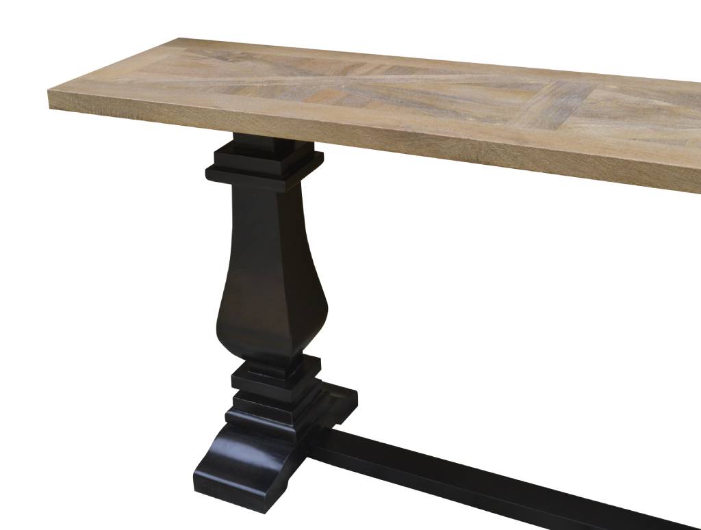 SORANZO MANGO WOOD CONSOLE TABLE HALL TABLE HANDCRAFTED PARQUET TOP OAK/BLACK 135CM FRENCH PROVINCIAL