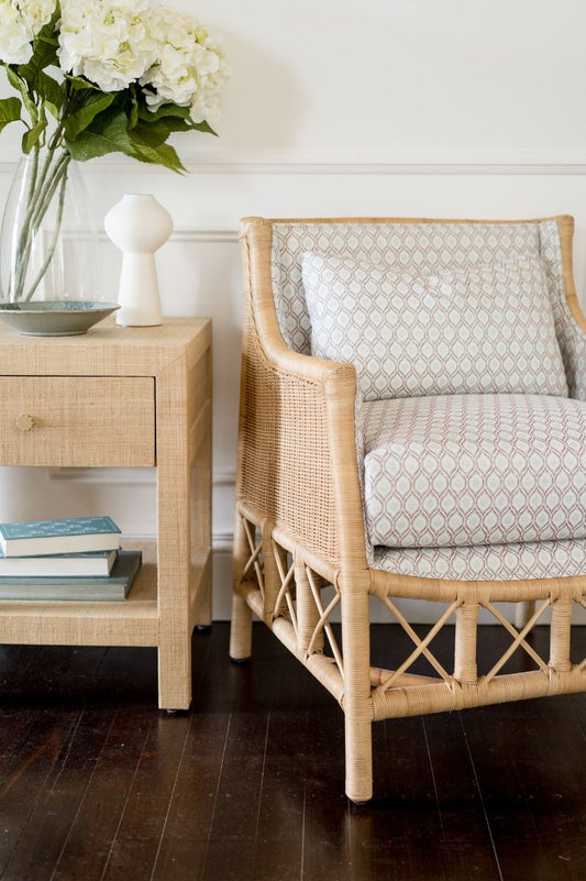 DELON ARMCHAIR CHAIR RATTAN FRAME  & WEAVE NATURAL GREY PATTERNED UPHOLSTERY