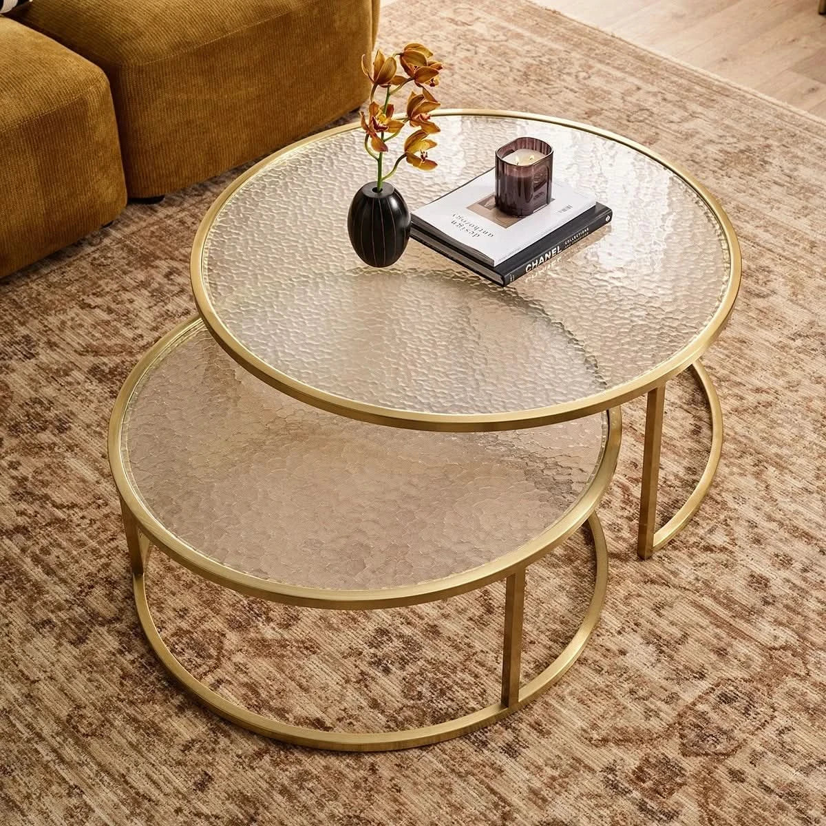 CLAUDIA SET OF 2 ROUND RIPPLED GLASS & GOLD NESTING COFFEE TABLES