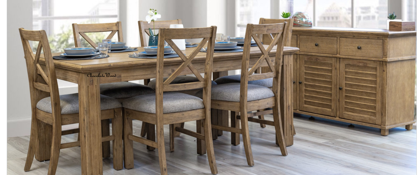 DEVONSHIRE ACACIA TIMBER 7 PIECE DINING SET -1 DINING TABLE  180CM & 6 DEVONSHIRE DINING CHAIRS BRUSHED KHAKI