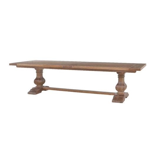BECKETT HAMPTON STYLE SOLID MAHOGANY RECTANGULAR TRESTLE DINING TABLE IN ANTIQUE FRENCH OAK 305CM
