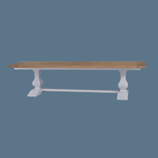 BECKETT HAMPTON STYLE SOLID MAHOGANY RECTANGULAR TRESTLE DINING TABLE IN ANTIQUE FRENCH OAK/ARCHITECTURAL WHITE 244CM
