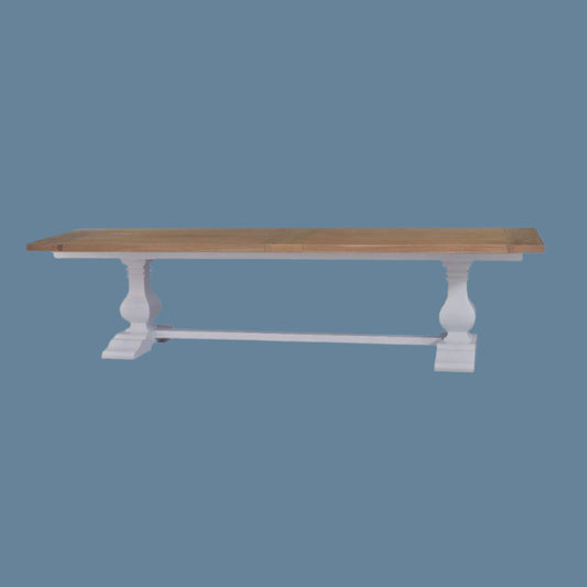 BECKETT HAMPTON STYLE SOLID MAHOGANY TRESTLE DINING TABLE IN ARCHITECTURAL WHITE/ANTIQUE FRENCH OAK 305CM