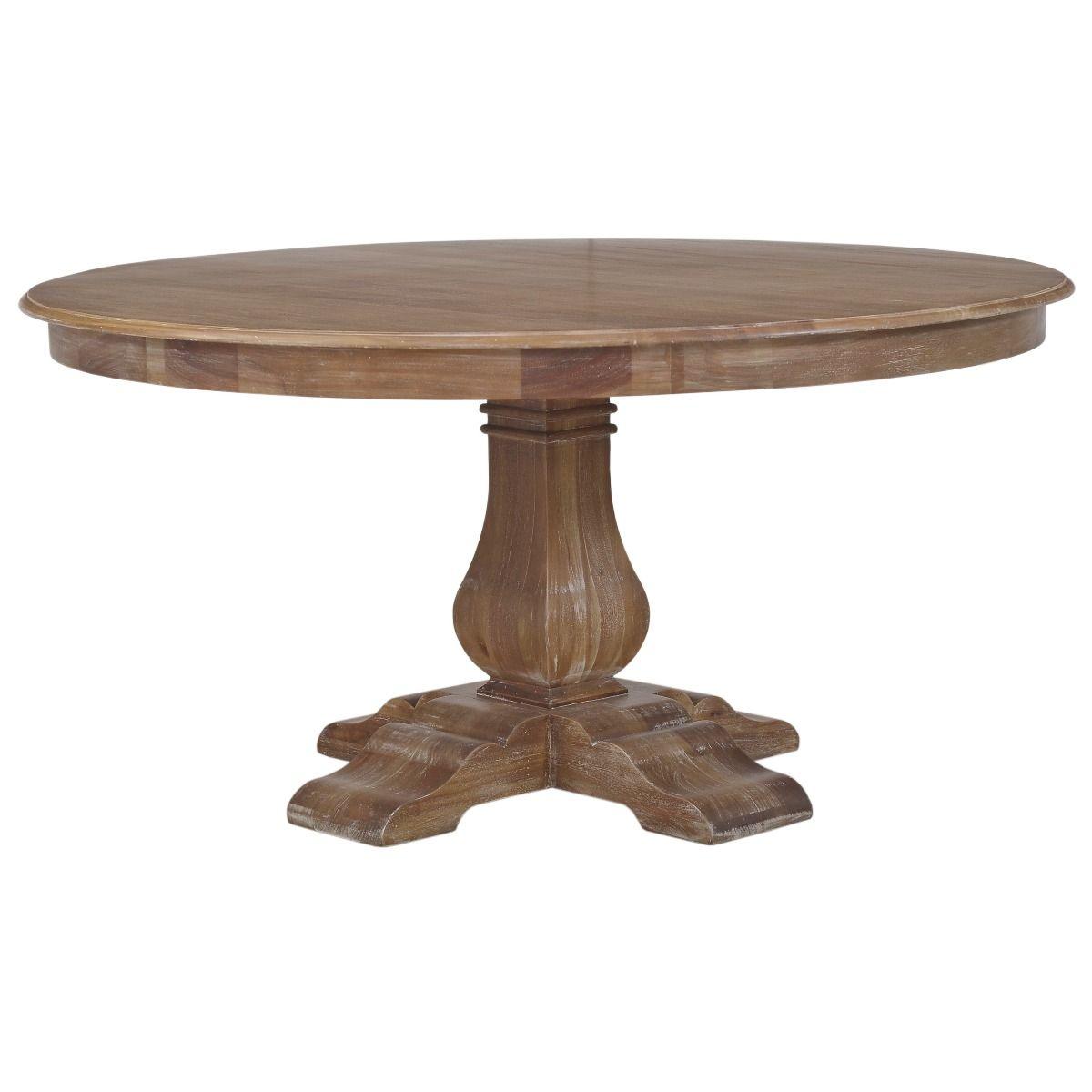 BECKETT HAMPTON STYLE SOLID MAHOGANY ROUND TRESTLE DINING TABLE IN STRAW WASH WITH DISTRESSING 183CM