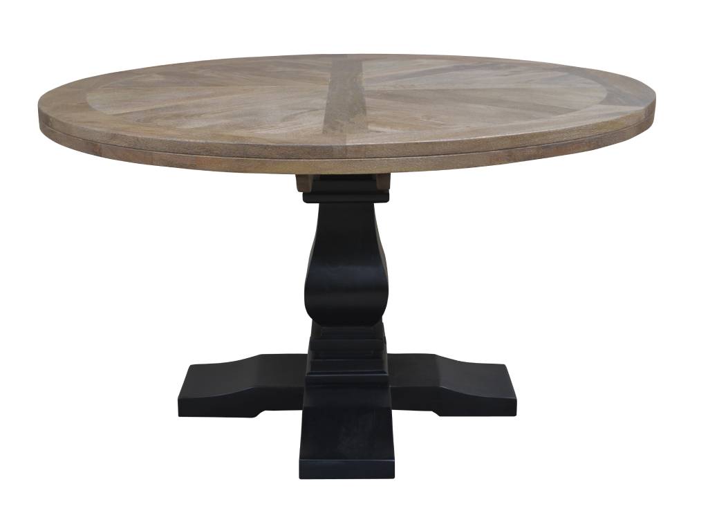 SORANZO MANGO WOOD ROUND DINING TABLE HANDCRAFTED PARQUET TOP OAK/BLACK 135CM & 4 OPEL DINING CHAIRS