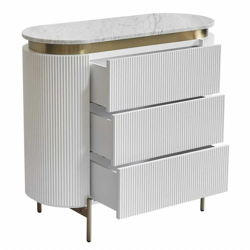DENEUVE 3 DRAWER CHEST OF DRAWERS WHITE WITH CARRARA MARBLE TOP
