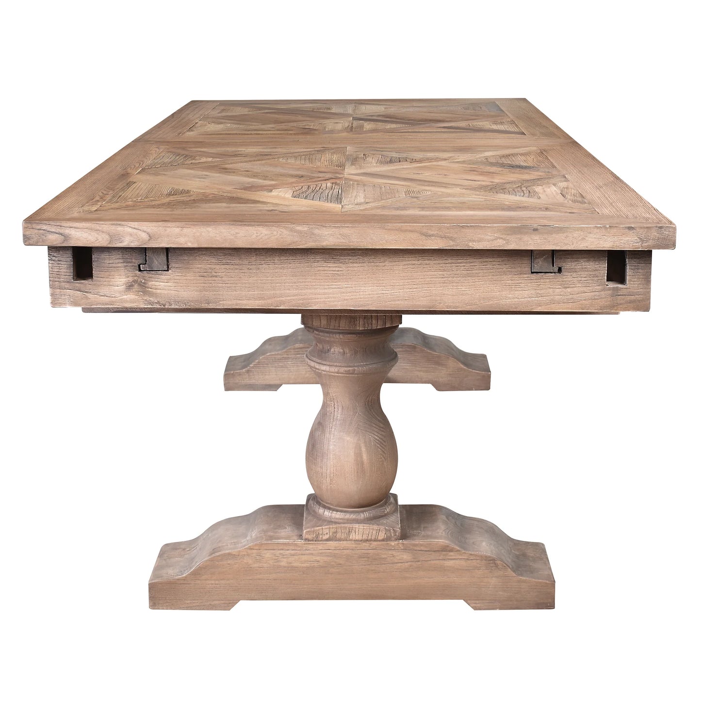 HARLOW PARQUET RECLAIMED ELM DOUBLE EXTENSION DINING TABLE WITH PEDESTAL BASE 210/260/310CM NATURAL ELM