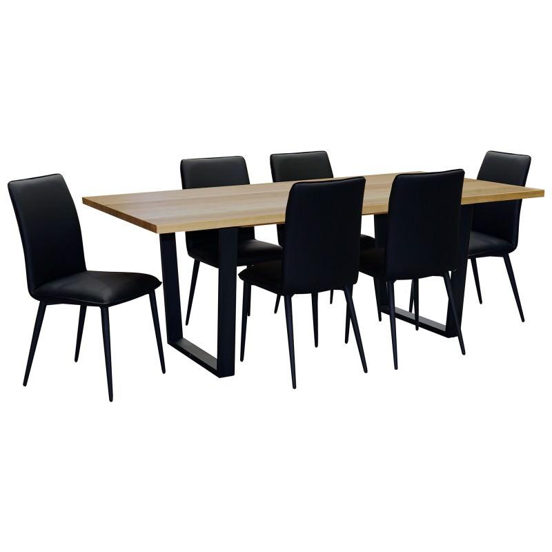 MAGLAN BLUE GUM DINING TABLE WITH METAL BASE 240CM + 6 MAGLAN DINING CHAIRS IN PU LEATHER - MyChocolateWood