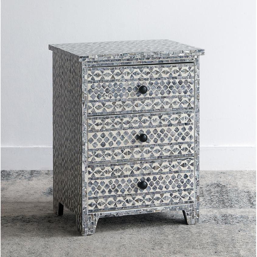 SANTA FE SIDE SHELL INLAY 3 DRAWER SIDE TABLE/BEDSIDE TABLE - MyChocolateWood