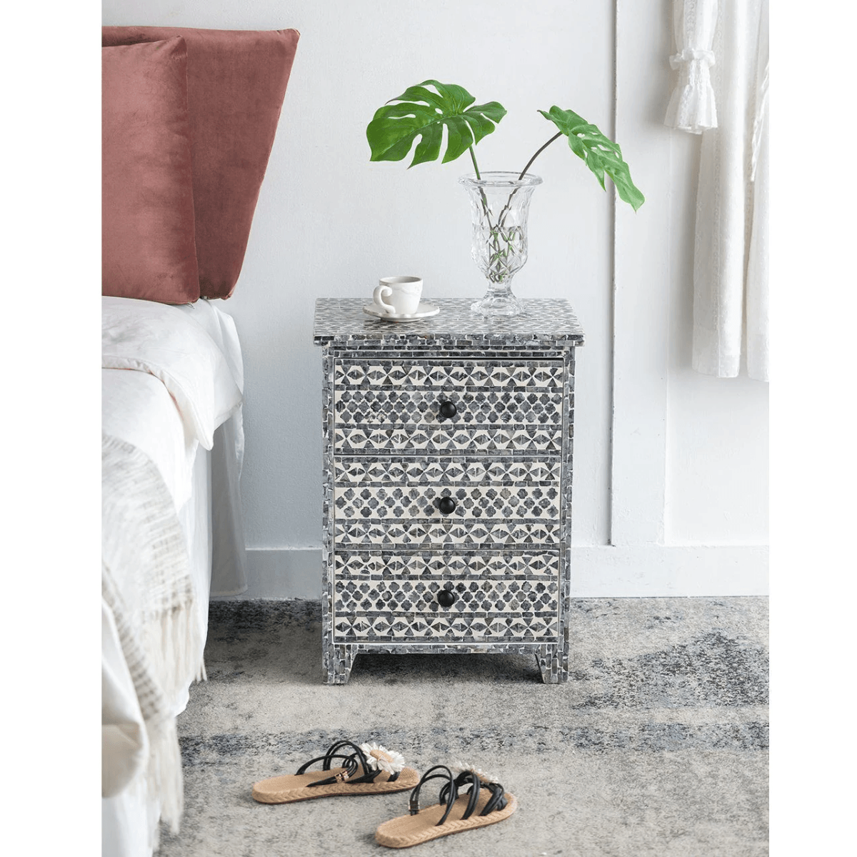SANTA FE SIDE SHELL INLAY 3 DRAWER SIDE TABLE/BEDSIDE TABLE - MyChocolateWood