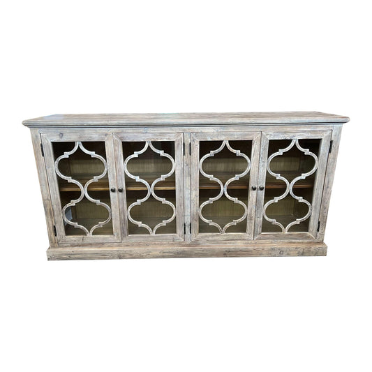 REINA GREYWASHED RECYCLED TIMBER/GLASS 4-DOOR BUFFET/SIDEBOARD