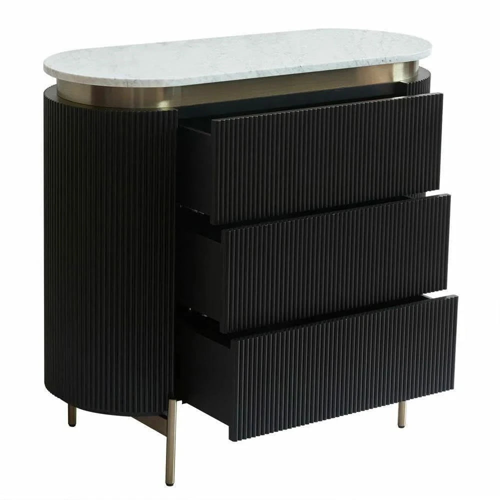 DENEUVE 3 DRAWER CHEST OF DRAWERS BLACK WITH CARRARA MARBLE TOP