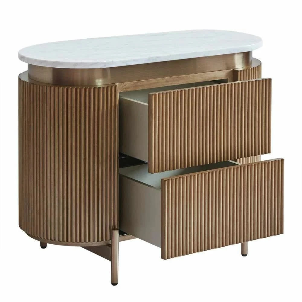 DENEUVE BEDSIDE TABLE ANTIQUE GOLD WITH CARRARA MARBLE TOP