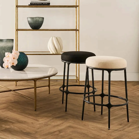 SOREN  BLACK KITCHEN STOOL - NATURAL LINEN TOP