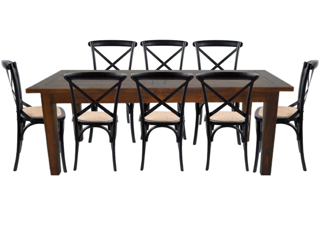 BROSLEY SOLID MANGO 9 PIECE DINING SET 1 X 210CM DINING TABLE + 8 MELROSE BLACK CROSS-BACK DINING CHAIRS