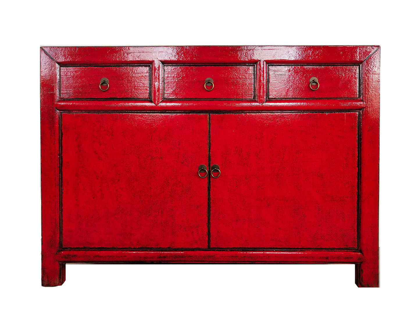 NANJING  NGH002 CHINESE ANTIQUE RECYCLED  PINE TIMBER BUFFET/SIDEBOARD 3 DRAWERS 2 DOORS RED