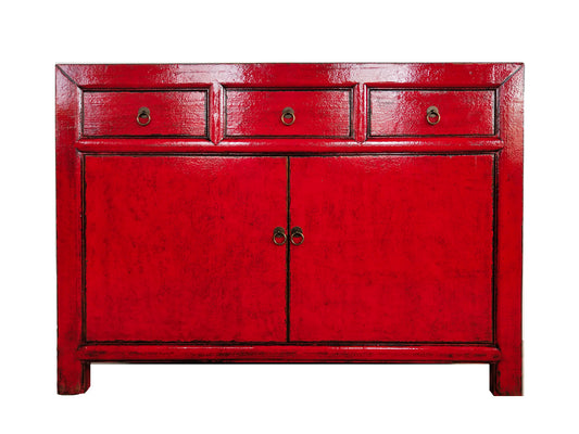 NANJING  NGH002 CHINESE ANTIQUE RECYCLED  PINE TIMBER BUFFET/SIDEBOARD 3 DRAWERS 2 DOORS RED