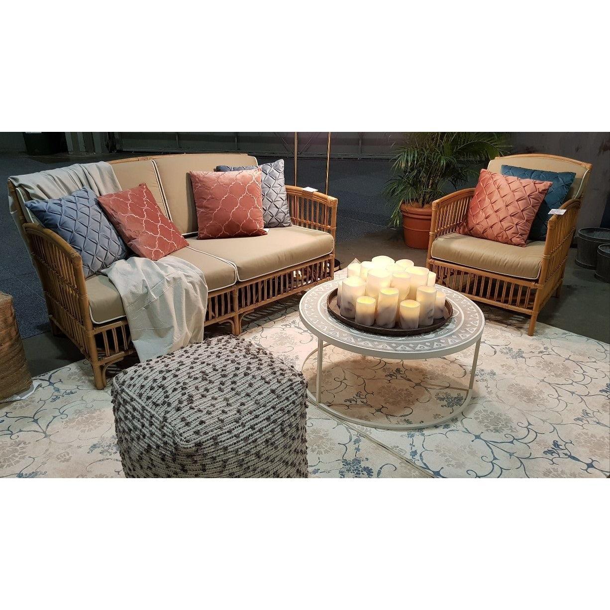 SHIPTON HAMPTONS RATTAN SOFA SETTEE COUCH IN TOBACCO/TAUPE CUSHION 2.5-SEATER WITH AN ADDITONAL OUTDOORS CUSHION COVER IN BLUE & WHITE STRIPES