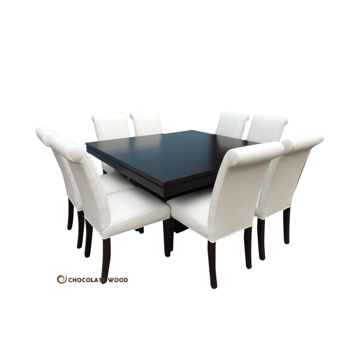 ROSA MADE TO ORDER 1500MM TASSIE OAK SQUARE DINING TABLE IN BLACK + 8 WHITE LEATHER DINING CHAIRS