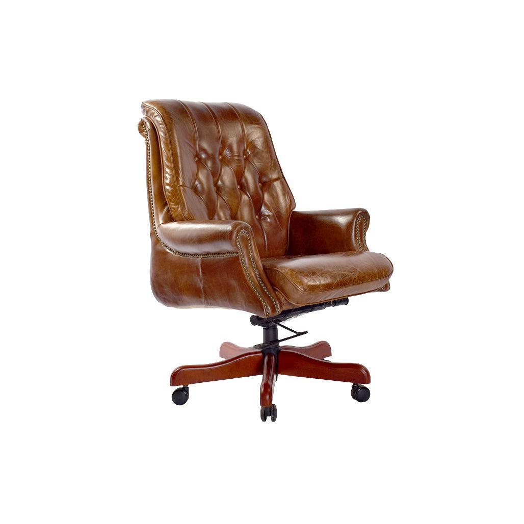 LEON AGED LEATHER OFFICE/DESK CHAIR ON CASTORS