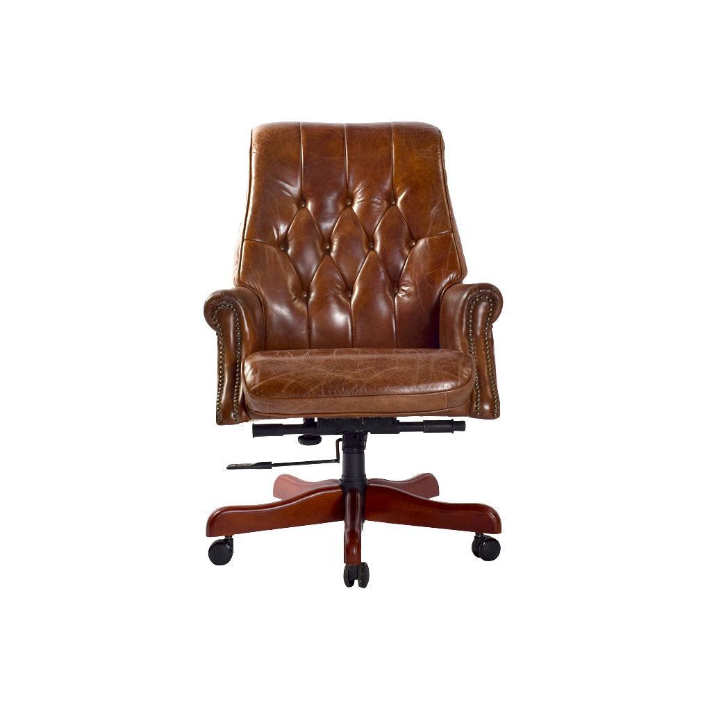 LEON AGED LEATHER OFFICE/DESK CHAIR ON CASTORS