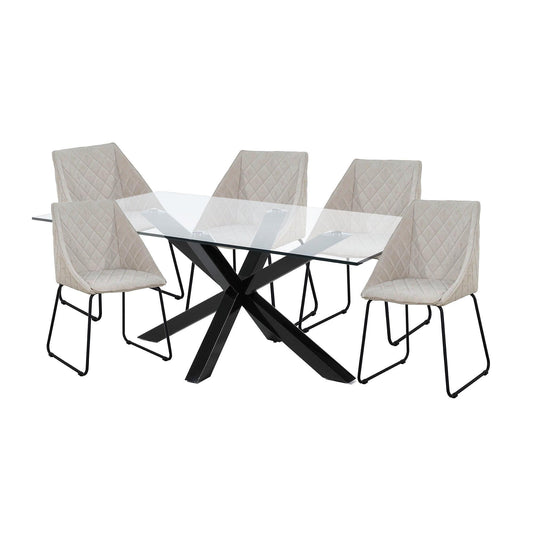 MESSI DINING SET - BLACK LEGS, CLEAR TOP TABLE + 6 BEIGE DINING CHAIRS