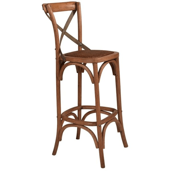 MALMO CROSS BACK OAK BAR STOOL WITH GREY METAL STRAPS - MyChocolateWood