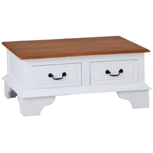 KLEVERSON SOLID MAHOGANY 4 DRAWERS RECTANGULAR COFFEE TABLE IN WHITE/CARAMEL