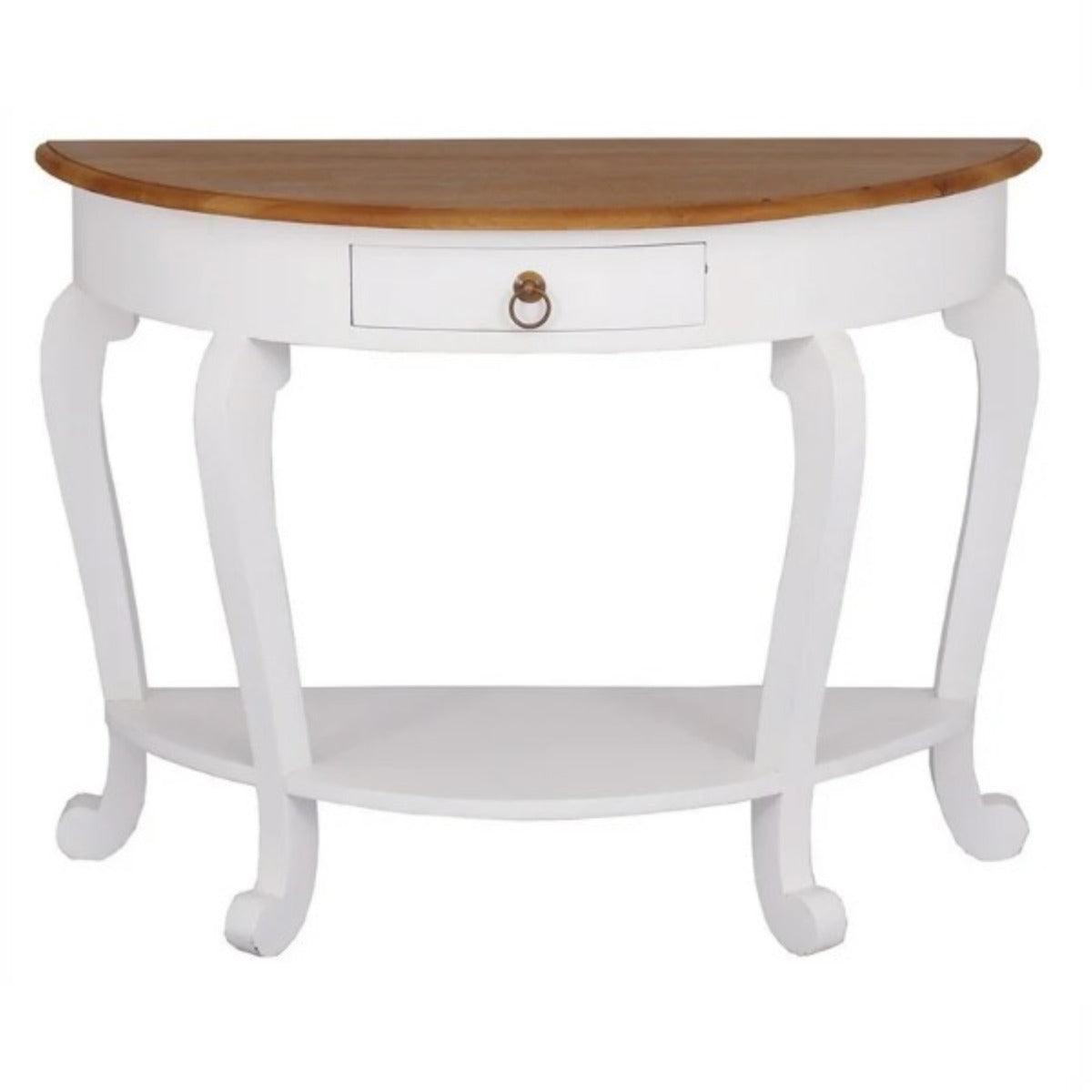 FRANCIS CABRIOL LEG SOLID MAHOGANY TIMBER HALF ROUND SOFA TABLE- WHITE/CARAMEL