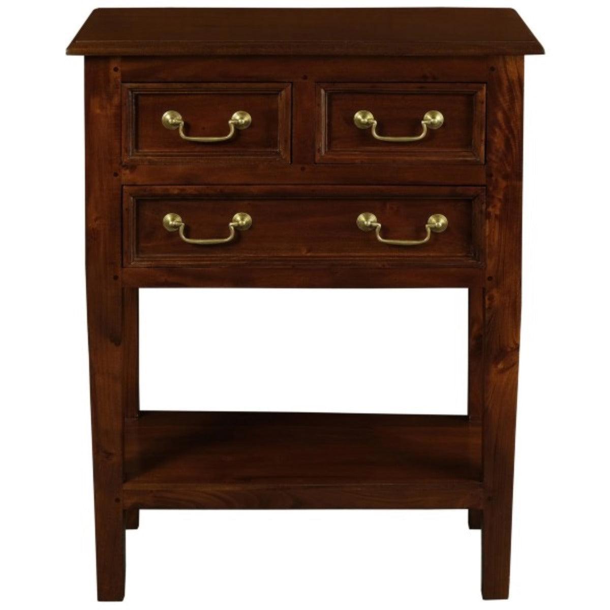 BIRKDALE 3 DRAWER SIDE TABLE/WITH SHELF IN SOLID MAHOGANY- MAHOGANY