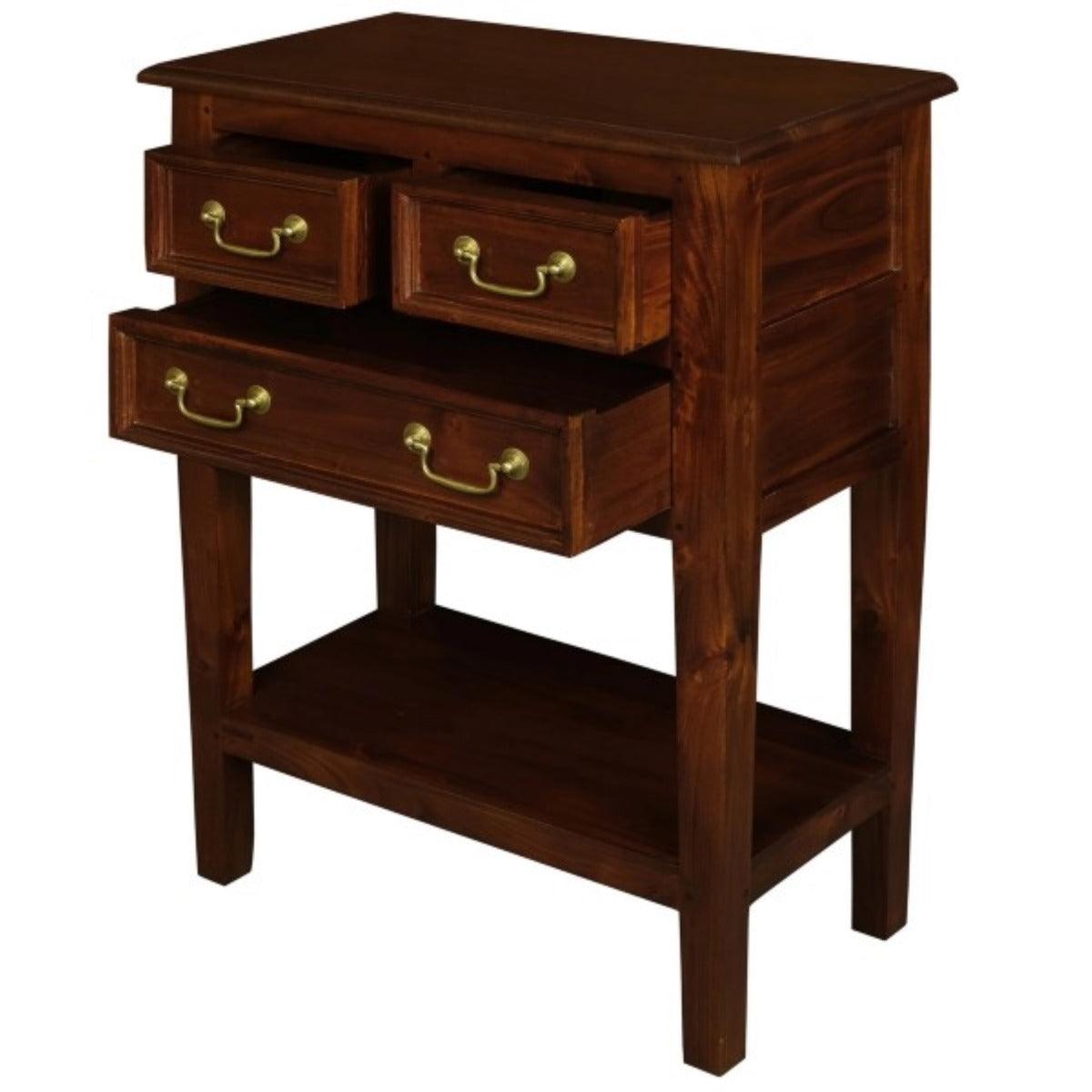 BIRKDALE 3 DRAWER SIDE TABLE/WITH SHELF IN SOLID MAHOGANY- MAHOGANY