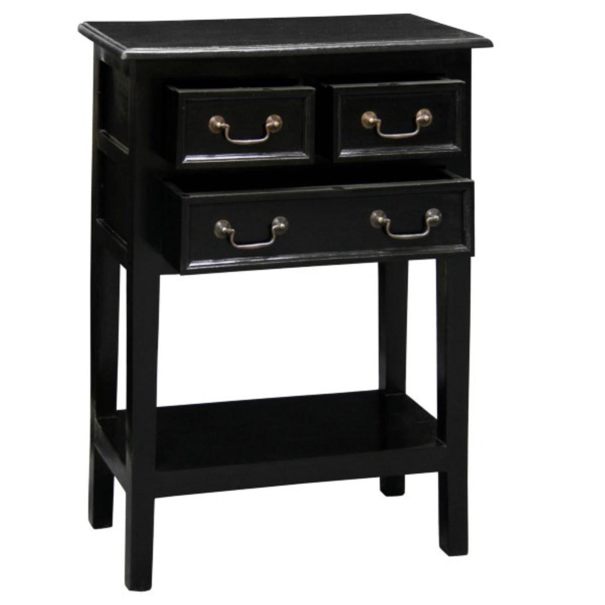 BIRKDALE 3 DRAWER SIDE TABLE/WITH SHELF IN SOLID MAHOGANY- BLACK - MyChocolateWood