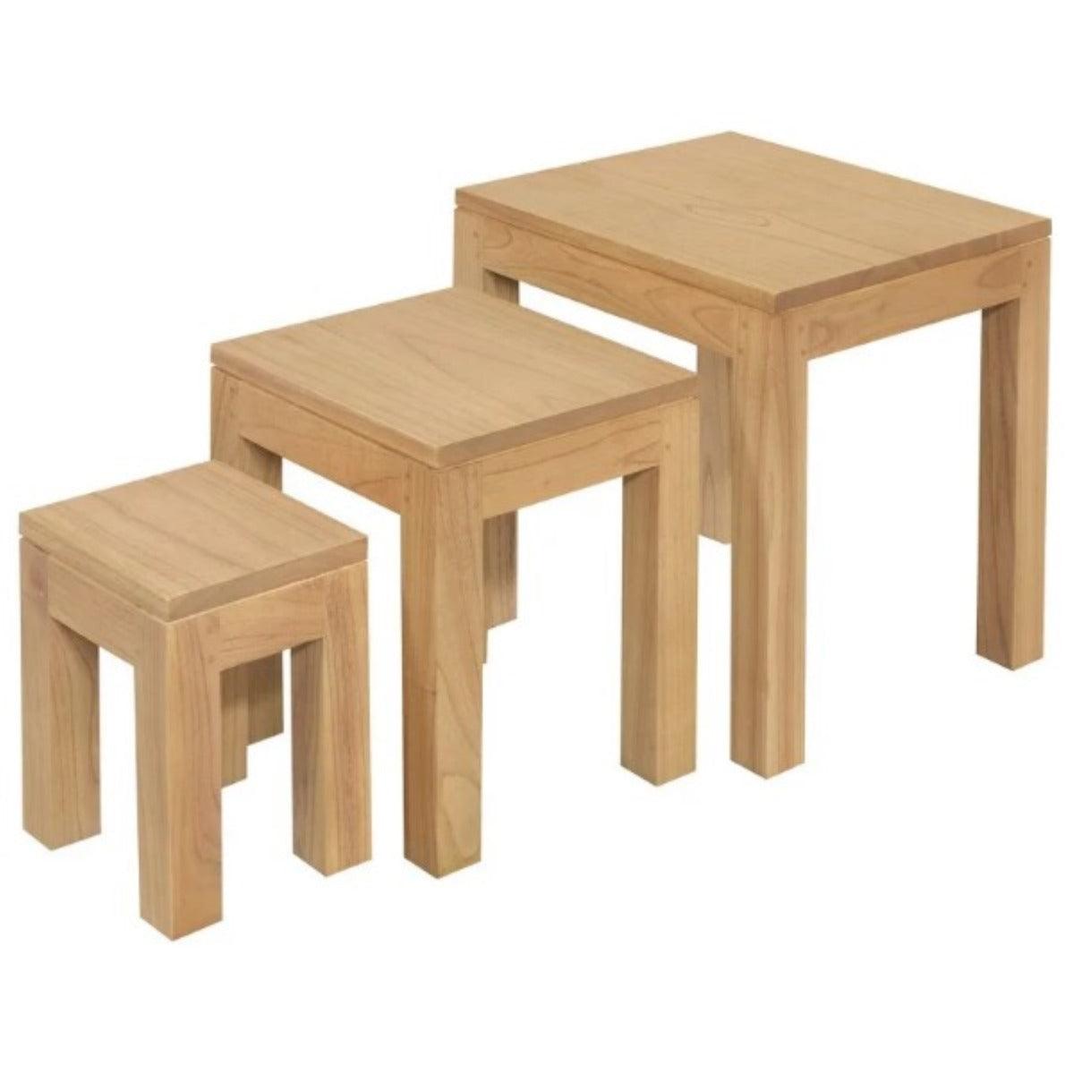 TANAKA SOLID MINDI WOOD NEST OF TABLES/SET OF 3 SMALL SOLID MINDI WOOD TABLES IN NATURAL