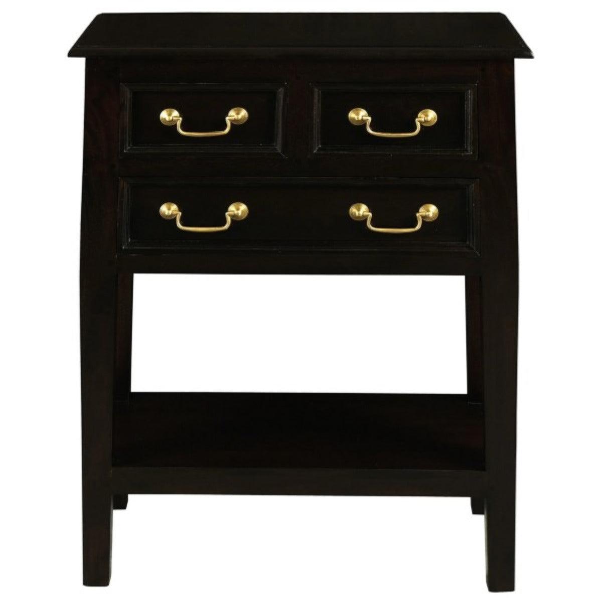 BIRKDALE 3 DRAWER SIDE TABLE/WITH SHELF IN SOLID MAHOGANY- CHOCOLATE