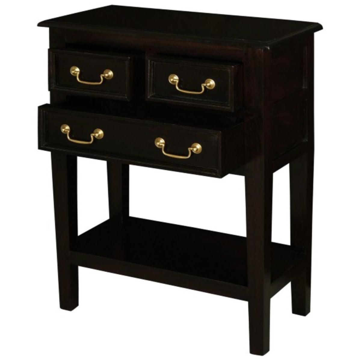 BIRKDALE 3 DRAWER SIDE TABLE/WITH SHELF IN SOLID MAHOGANY- CHOCOLATE