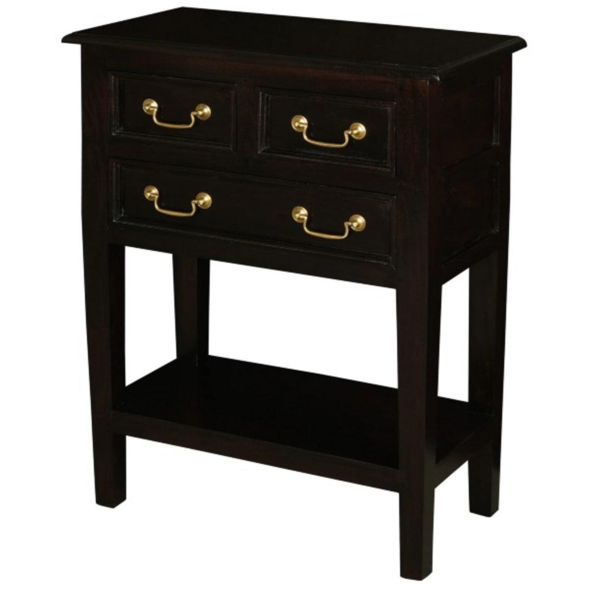BIRKDALE 3 DRAWER SIDE TABLE/WITH SHELF IN SOLID MAHOGANY- CHOCOLATE