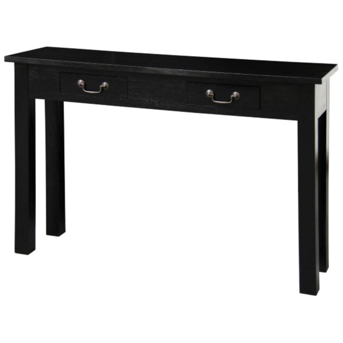 STRAIGHT LEG SOLID MAHOGANY TIMBER CONSOLE TABLE/ HALL TABLE WITH 2 DRAWERS IN BLACK 120CM