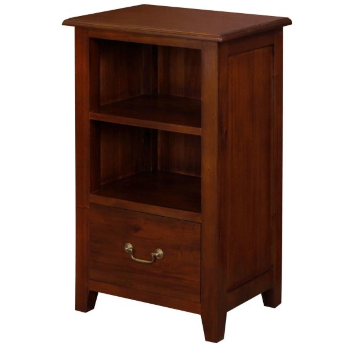 BENEDICT SOLID MAHOGANY TIMBER BEDSIDE TABLE WITH 1 DRAW & 1 SHELF IN MAHOGANY