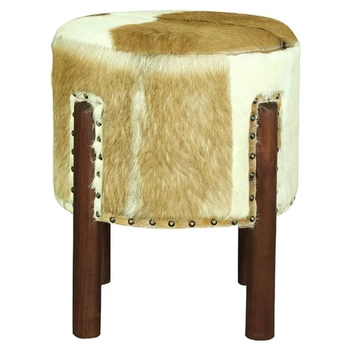 LOLA ROUND GOAT HIDE OTTOMAN IN MAHOGANY